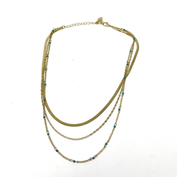 New Free People Everything I Wanted Layered Necklace Gold Blue Stones Turquoise - Picture 8 of 11